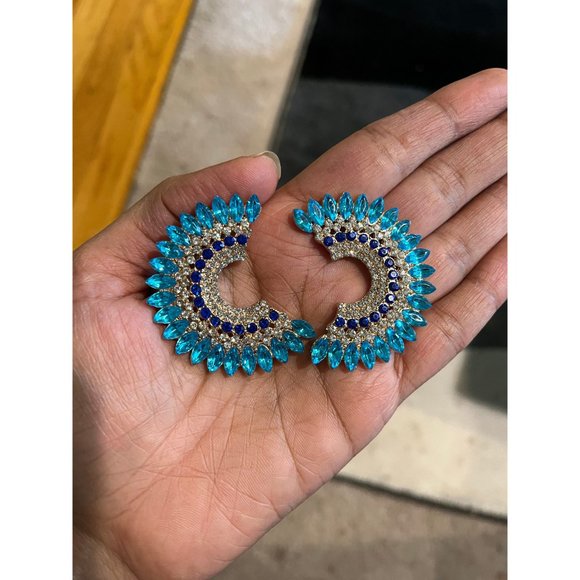 Aquamarine earrings large rhinestone crystal stud blue large aqua big earring - Picture 4 of 8